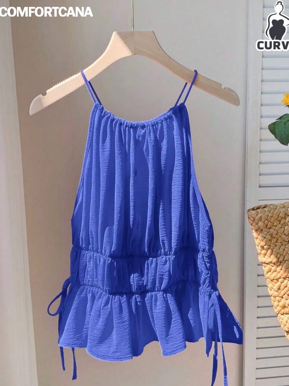Comfortcana Curvy Electric Blue Ruffle Halter Tank